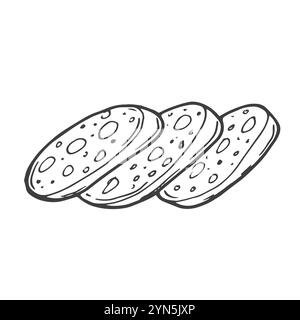 Icône de ligne de tranches de saucisse. Anneaux de salami rétro dessinés à la main, mortadelle ou chorizo avec viande et saindoux. Épicerie fine, mascotte de boucherie, contour pi Illustration de Vecteur