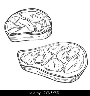 Collection de produits de viande fraîche, isolée sur fond blanc. Illustration du vecteur d'esquisse. Éléments de conception isolés dans les aliments. Morceaux de salami, jambon de dinde, Illustration de Vecteur