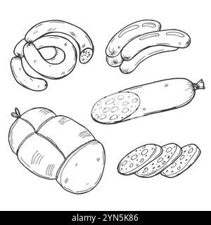 Croquis de saucisses. La viande et saucisses Vintage doodles vecteur alimentaire, jambon et salami, pepperoni et saucisses hand drawn vector illustration Illustration de Vecteur