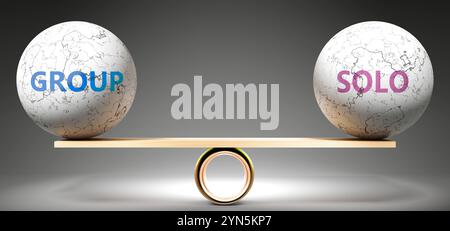 Groupe et solo en équilibre. Métaphore montrant Groupe en équilibre avec Solo, symbolisant une harmonie souhaitée entre eux. Stabilité. Harmonieux et pr Banque D'Images