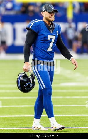 24 novembre 2024 : Matt Gay (7 ans), le kicker des Colts d'Indianapolis, lors d'un match d'avant-match de la NFL contre les Lions de Détroit au Lucas Oil Stadium d'Indianapolis, Indiana. John Mersits/CSM. Banque D'Images
