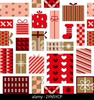 Motif présent. Boîte cadeau de Noël avec ruban de noeud rouge géométrique, guide d'anniversaire emballage pour l'hiver, illustration noel. Décor textile, papier d'emballage, Wal Illustration de Vecteur