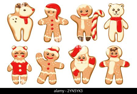 Ginger Man. Pain d'épices de Noël. Cookie des fêtes avec glaçage. Décoration de pâtisserie. Formes de pain mignonnes. Femme ou fille avec chapeau. Personnages garçons. Cuisson Xma Illustration de Vecteur