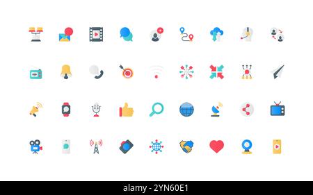 Connexion et partage de données, service cloud en ligne, jeu d'icônes de couleur multimédia. Antenne et wifi pour connecter l'appareil mobile au réseau, transférer de la musique, de la vidéo et du fichier audio illustration vectorielle d'éléments plats Illustration de Vecteur
