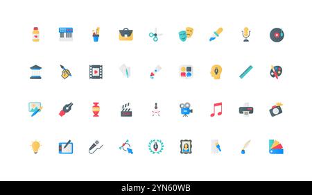 Création d'un jeu d'icônes de couleur de contenu artistique multimédia créatif. Auteur et artiste créer un portfolio, éditer la musique et la photo, film et illustrations d'image avec des outils en ligne éléments plats illustration vectorielle Illustration de Vecteur