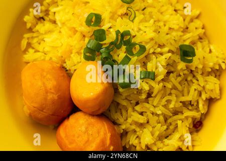 Goiania, Goias, Brésil – 24 novembre 2024 : Super gros plan sur une assiette jaune avec du riz au pequi. Nourriture typique de Goias. Banque D'Images