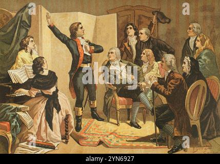 Rouget de Lisle (Claude Joseph Rouget de Lisle) (1760-1836). Officier français dans l'armée du Rhin. Célèbre pour avoir composé 'la Marseillaise'. La première représentation de la pièce a eu lieu le 26 avril 1792, dans le salon du baron Frédéric de Dietrich, maire de Strasbourg. Le chant de guerre pour l'armée du Rhin, hymne des volontaires marseillais, est connu sous le nom de la Marseillaise. Le 14 mars 1879, il devient l'hymne national de la France. Rouget de Lisle chantant la Marseillaise pour la première fois, chez Dietrich. Chromolithographie par Vicente Giné. Banque D'Images
