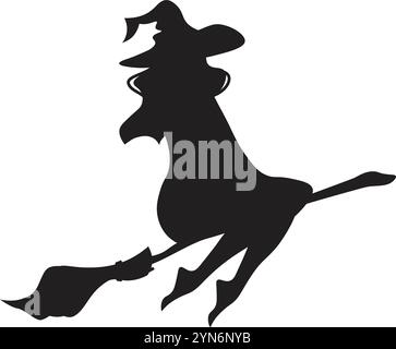Silhouette noire d'une sorcière portant un chapeau pointu et volant sur un balai, idéal pour les célébrations d'halloween et les motifs effrayants Illustration de Vecteur