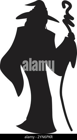 Silhouette noire d'un sorcier portant une longue robe et un chapeau pointu, tenant un bâton magique avec un haut en spirale, transmettant un sentiment de mystère et de puissance Illustration de Vecteur