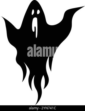 Illustration d'un fantôme noir stylisé avec bouche ouverte et fond ondulé, flottant sur un fond blanc, créant un fantôme effrayant et mystérieux Illustration de Vecteur