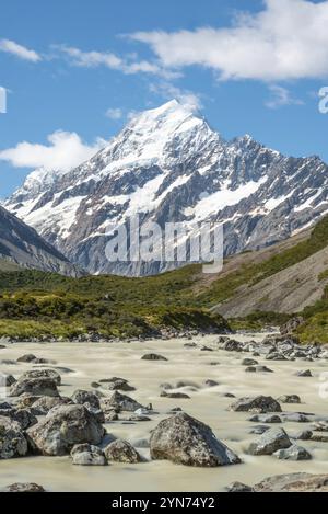 Célèbre Mont Cook depuis le circuit de Hooker Valley, île du Sud de la Nouvelle-Zélande Banque D'Images