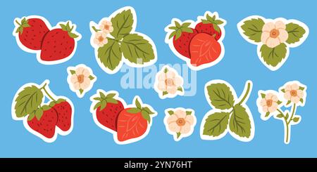Sticker fraise Cozy collection. Ensemble dessiné à la main de baies, feuilles, fleurs, branches. Pack d'autocollants de style dessiné à la main sur un fond bleu avec un wh Illustration de Vecteur
