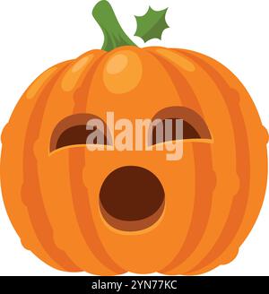 Citrouille d'halloween orange montrant une bouche ouverte et les yeux fermés, avec une expression surprise et une tige et une feuille vertes sur un fond blanc Illustration de Vecteur
