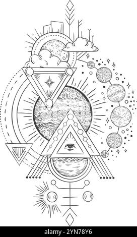 Les planètes, le soleil, la lune et l'œil de la providence fusionnent avec des symboles alchimiques, des formes géométriques et des signes ésotériques, créant un monochrome fascinant Illustration de Vecteur