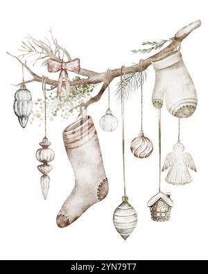 Illustration aquarelle de décoration de Noël suspendue sur une branche en bois sec Banque D'Images