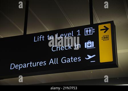 Signalisation aéroportuaire pour les ascenseurs, l'enregistrement et les départs Banque D'Images