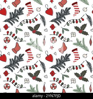 Modèle sans couture avec des éléments festifs de Noël vecteur comme houx, bas, branches de pin, ornements, lumières, et bonbons en rouge, vert et Illustration de Vecteur
