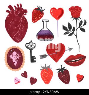 Ensemble d'éléments de la Saint-Valentin dans le style victorien gothique. Illustration vectorielle texturée dessinée à la main Illustration de Vecteur