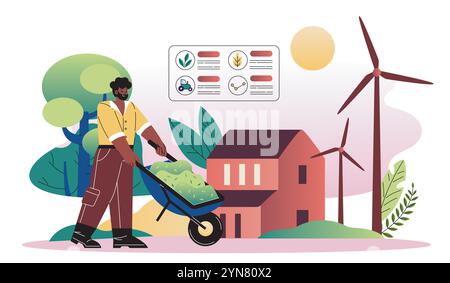 Homme avec une agriculture intelligente. Homme avec chariot près de la grange et statistiques. Agriculture et agriculture. Technologies modernes et innovations. Illustration vectorielle plate Illustration de Vecteur