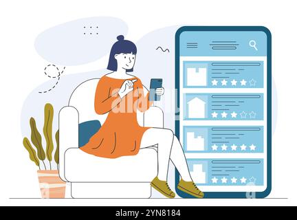 Femme cherchant un hôtel. Jeune fille avec smartphone dans sa main loue un appartement sur Internet. Voyages et tourisme. Vacances et vacances. Vecteur linéaire Illustration de Vecteur