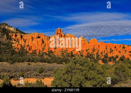 Ceci est une vue des superbes formations rocheuses rouges à l'entrée de Red Canyon à l'est de Panguitch, Garfield, comté, Utah, États-Unis. Cette vue donne vers le nord Banque D'Images