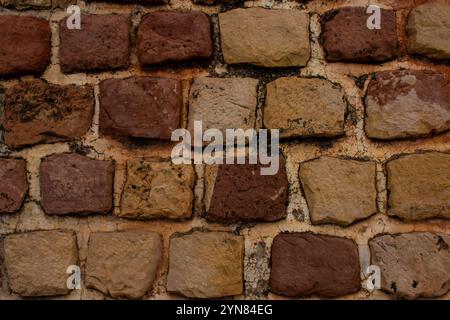 Texture murale en pierre rustique aux tons terreux chauds, avec un mélange de pierres brunes, rouges et beiges disposées dans un motif traditionnel Banque D'Images