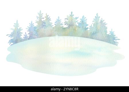 Fond de forêt d'hiver. Silhouette d'aquarelle de forêt de conifères sur l'horizon de champ enneigé. Élément isolé de l'ensemble de constructeur de paysage forestier Banque D'Images