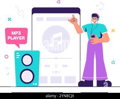 Illustration vectorielle de lecteur MP3 avec des notations musicales, des écouteurs, des écouteurs et des appareils d'applications mobiles pour écouter de la musique sur un fond plat Illustration de Vecteur