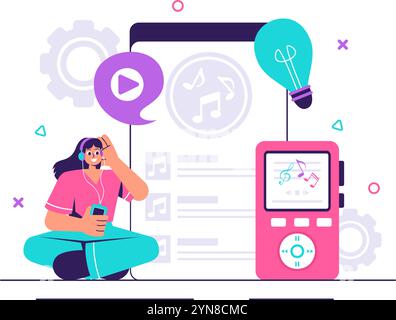 Illustration vectorielle de lecteur MP3 avec des notations musicales, des écouteurs, des écouteurs et des appareils d'applications mobiles pour écouter de la musique sur un fond plat Illustration de Vecteur