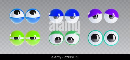 Yeux googly fixés isolés sur fond transparent. Illustration réaliste vectorielle de globes oculaires de personnage comique avec des paupières de couleur, mascotte mignonne regardant vers le haut, vers le bas, surpris, en colère, fatigué, endormi, effrayé Illustration de Vecteur