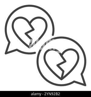 Cœurs brisés dans les bulles de discours vecteur icône de lutte romantique ou symbole dans le style de ligne mince Illustration de Vecteur