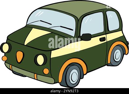 Une voiture compacte de dessin animé au design tendance qui présente un schéma de couleurs vert et jaune distinctif. Vecteur. tourisme Illustration de Vecteur