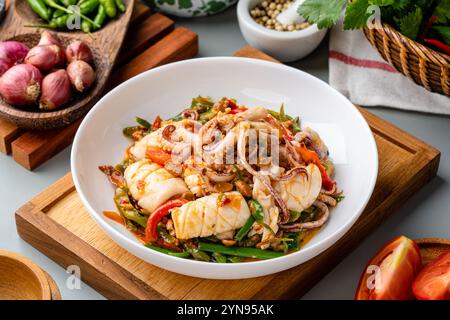 Tumis Cumi tauco ou Squid Stir Fried épicé avec tauco servi sur assiette blanche et isolé sur fond gris. Tauco est une pâte faite à partir de fer conservé Banque D'Images