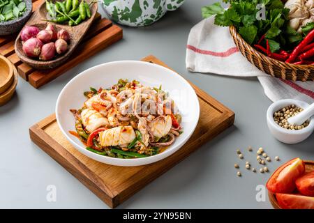 Tumis Cumi tauco ou Squid Stir Fried épicé avec tauco servi sur assiette blanche et isolé sur fond gris. Tauco est une pâte faite à partir de fer conservé Banque D'Images