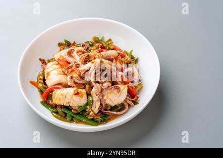 Tumis Cumi tauco ou Squid Stir Fried épicé avec tauco servi sur assiette blanche et isolé sur fond gris. Tauco est une pâte faite à partir de fer conservé Banque D'Images