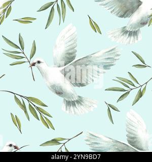 Pigeon avec branche vert olive motif aquarelle sans couture. Colombe blanche volante, symbole de paix. Illustration dessinée à la main pour mariage, baptême Banque D'Images