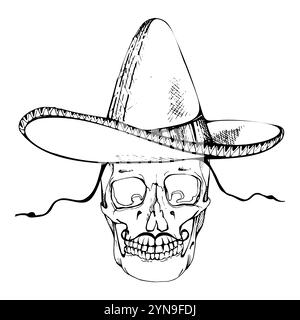 Crâne humain Cinco de Mayo en chapeau sombrero, moustache. Fête mexicaine symbole du jour des morts. Illustration isolée de vecteur d'encre dessinée à la main. Conception Illustration de Vecteur