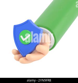 Icône de geste de dessin animé Mockup.3D tenant la main bouclier de sécurité et cadenas. Protection des données personnelles. Concept d'accès sécurisé. Vérification réussie.3D R Banque D'Images