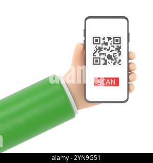 3d dessin animé rend les mains féminines smartphone et utilise le service d'application mobile avec la conception de bannière de code QR de balayage. Technologie et concept d'entreprise.rendu 3D. Banque D'Images