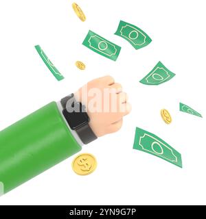 3d dessin animé rendre bras d'homme avec montre à main ou réveil et volant autour de la conception de bannière de billets de banque et de pièces de monnaie. Gagner de l'argent, Investment.rendu 3D. Banque D'Images
