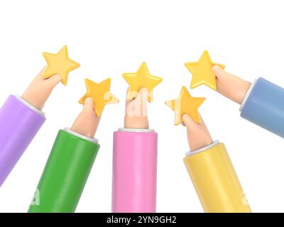 Illustration 3D de la main donnant cinq étoiles. Les clients choisissent une note de satisfaction et laissent des commentaires positifs. Concept de service à la clientèle et u Banque D'Images