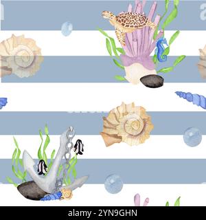 Aquarelle dessinée à la main motif océanique sans couture avec des poissons arc-en-ciel, des tortues et des bulles, nageant dans les récifs coralliens et les algues. Idéal pour l'impression, les textiles, Banque D'Images