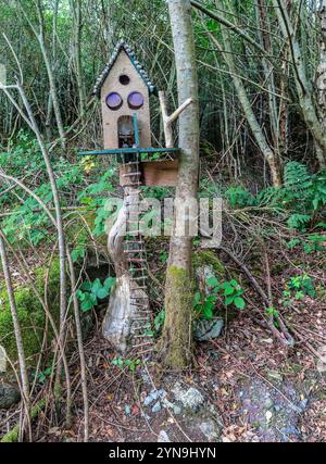 Une charmante maison de fées rustique perchée sur un arbre avec une échelle en bois, nichée dans une forêt luxuriante et magique. Idéal pour les concepts de fantaisie, fantaisie et na Banque D'Images