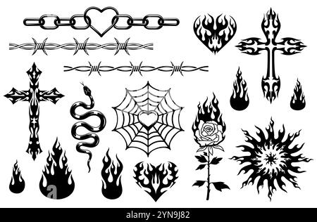 Tatouage tribal Y2K dans l'art abstrait et gothique avec des flammes de feu, autocollants vectoriels. Ensemble de tatouage moderne à la mode Y2K de chaîne barbelée avec fleur de rose et croix celtique ou serpent vipère et coeur en toile d'araignée Illustration de Vecteur