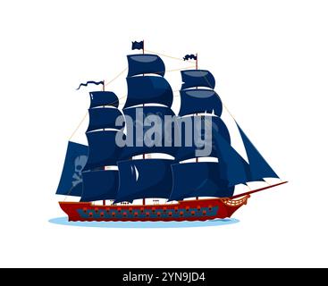 Bateau pirate aux voiles noires ornées de pieuvre et de crâne. Vecteur de dessin animé navire brigantin corsaire nautique évoquant des thèmes d'aventure, d'exploration, d'histoire maritime, de piraterie et d'histoires fantastiques Illustration de Vecteur