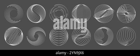 Ligne autour de formes spirales, tourbillon d'onde géométrique concentrique. Ensemble vectoriel de cercles de vortex abstraits, ondulations circulaires dynamiques, rafales radiales minces, sonars de tourbillon de courbe. Motifs en boucle de tourbillon blanc Illustration de Vecteur