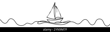 Une illustration en ligne continue d'un yacht naviguant, isolé sur fond blanc. Dessin au trait d'un yacht naviguant Illustration de Vecteur