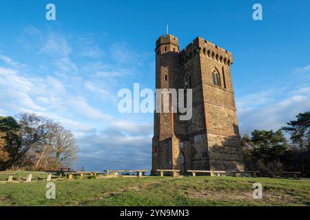 Leith Hill Tower, vue du monument du Surrey un matin d'hiver, Angleterre, Royaume-Uni Banque D'Images