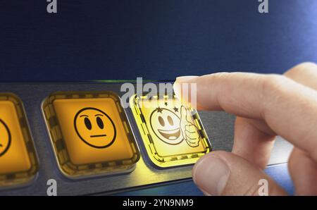 Doigt appuyant sur un bouton jaune. Commentaires très positifs du service à la clientèle. Concept d'expérience client. Banque D'Images