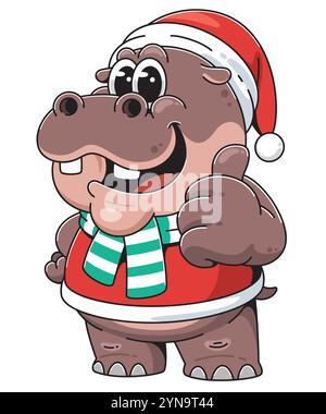 Dessin animé Hippo dans Santa Hat avec Thumbs Up Illustration de Vecteur